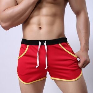 Men's Retro Gym Shorts Trunks with Pouch Red